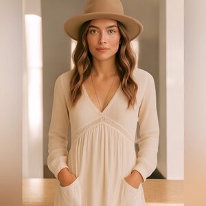 Sheer Boho Dress with Lace Trim in creamy white. Silk-Cotton Blend. Size 12/14